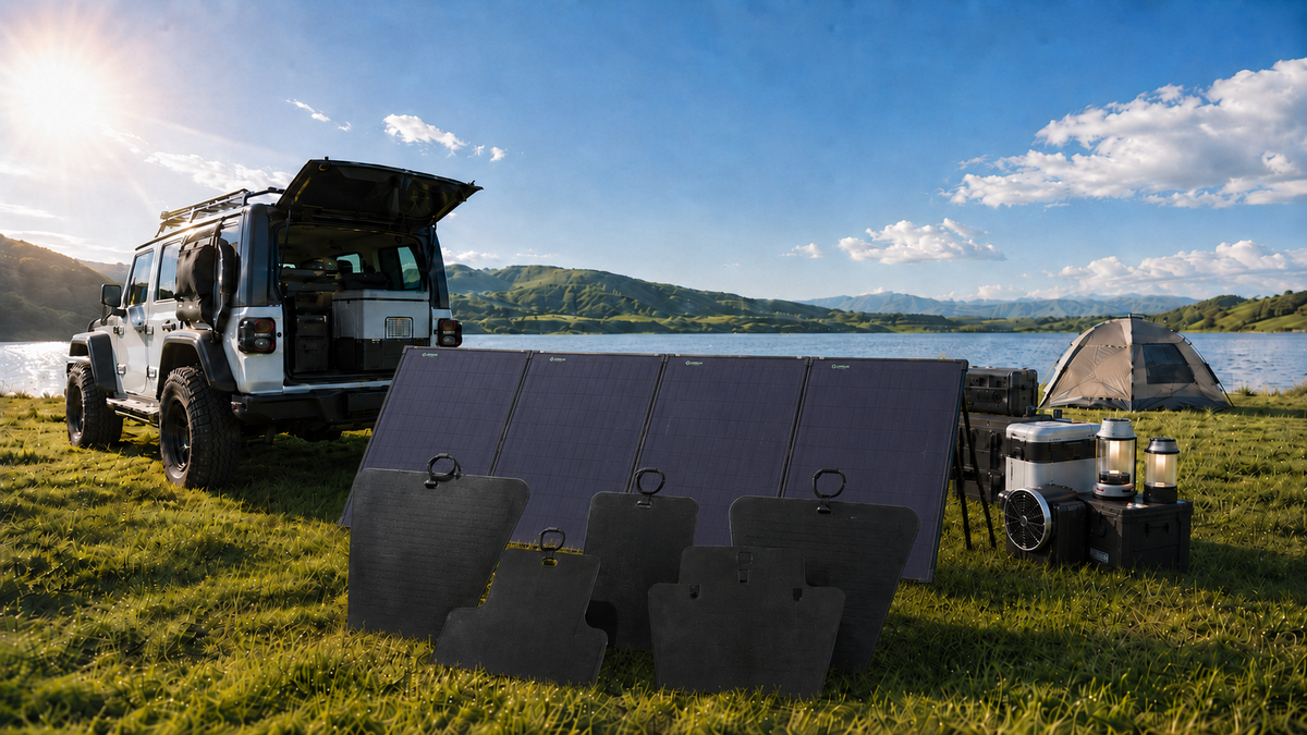 Faltbare Solarmodule und tragbare Powerstations auf einem Campingplatz am See