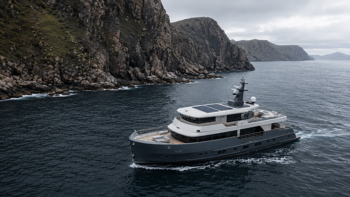 Expeditionsyacht mit integrierten Solarmodulen